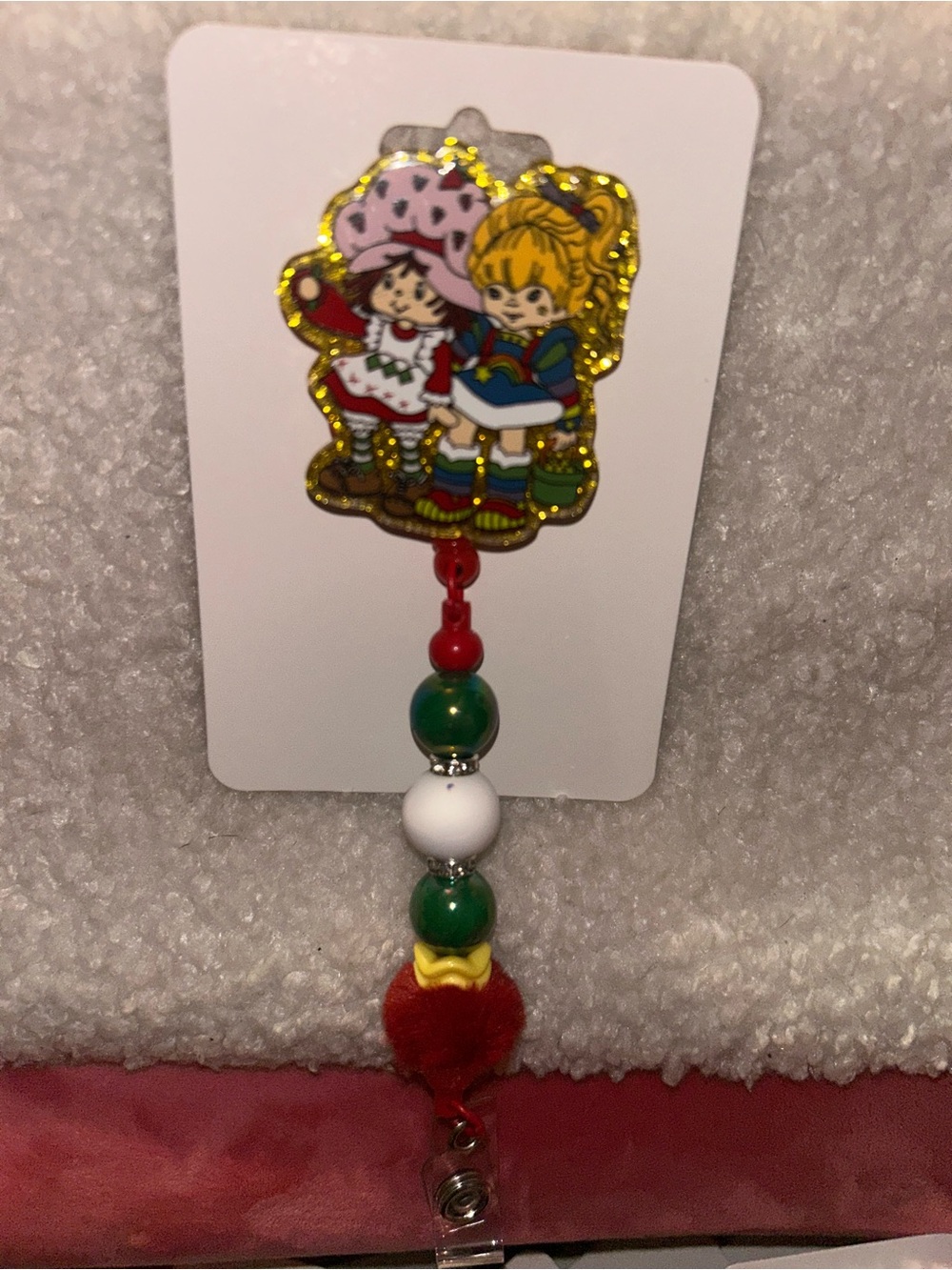 Strawberry shortcake and rainbow bright  Badge Reel - Red, Green & White